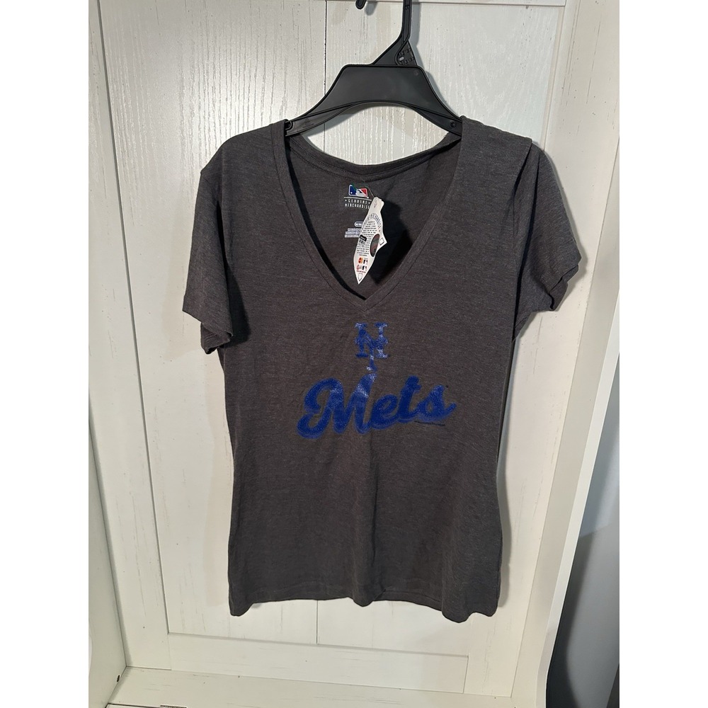 MLB New York Mets Women's Gray  Logo V-Neck Short Sleeve Shirt Size M Gray